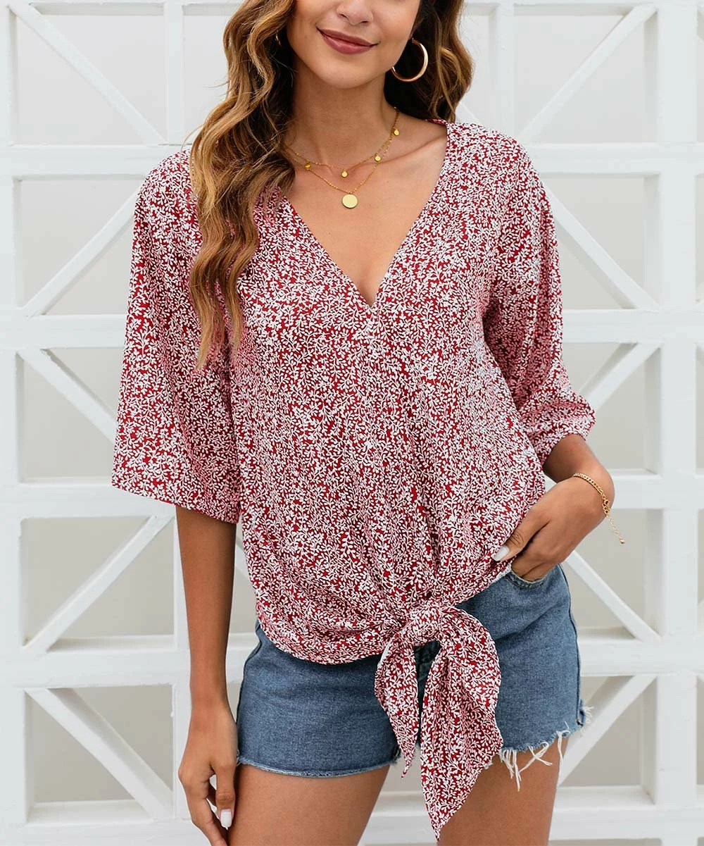 Discount ๐ CELLABIE Red Speckled Tie-Front Half-Sleeve V-Neck Top - ๐ฉ Women ๐ 6 Discount ๐ CELLABIE Red Speckled Tie-Front Half-Sleeve V-Neck Top - ๐ฉ Women ๐ - Image 4