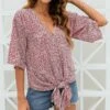 Discount 👍 CELLABIE Red Speckled Tie-Front Half-Sleeve V-Neck Top - 👩 Women 😍 -CELLABIE shop zu105599547 main tm1651863008