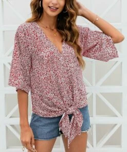 Discount 👍 CELLABIE Red Speckled Tie-Front Half-Sleeve V-Neck Top - 👩 Women 😍