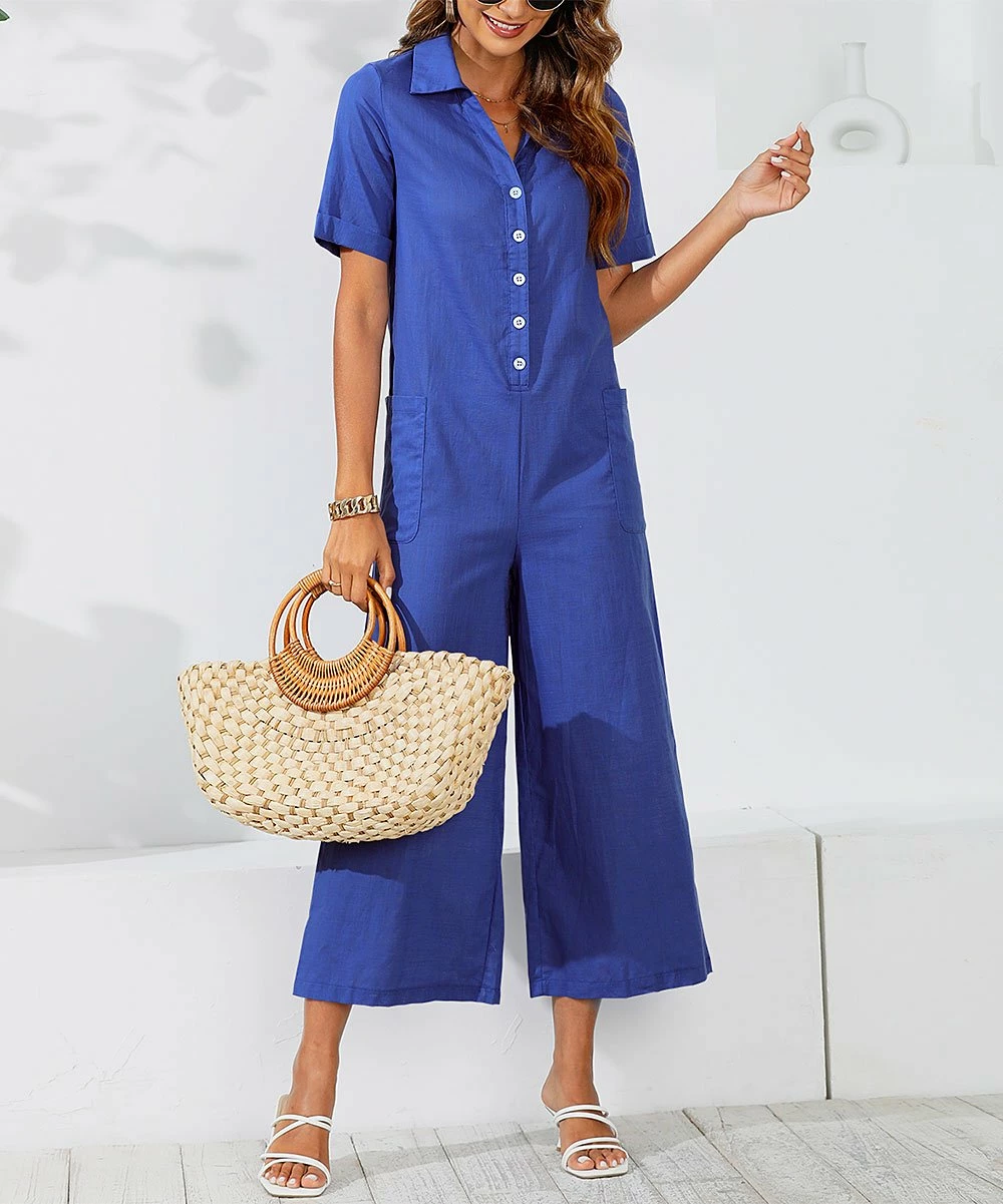 Cheap ๐ CELLABIE Blue Button-Front Wide-Leg Crop Jumpsuit - ๐ฉ Women ๐ 4 Cheap ๐ CELLABIE Blue Button-Front Wide-Leg Crop Jumpsuit - ๐ฉ Women ๐ - Image 2