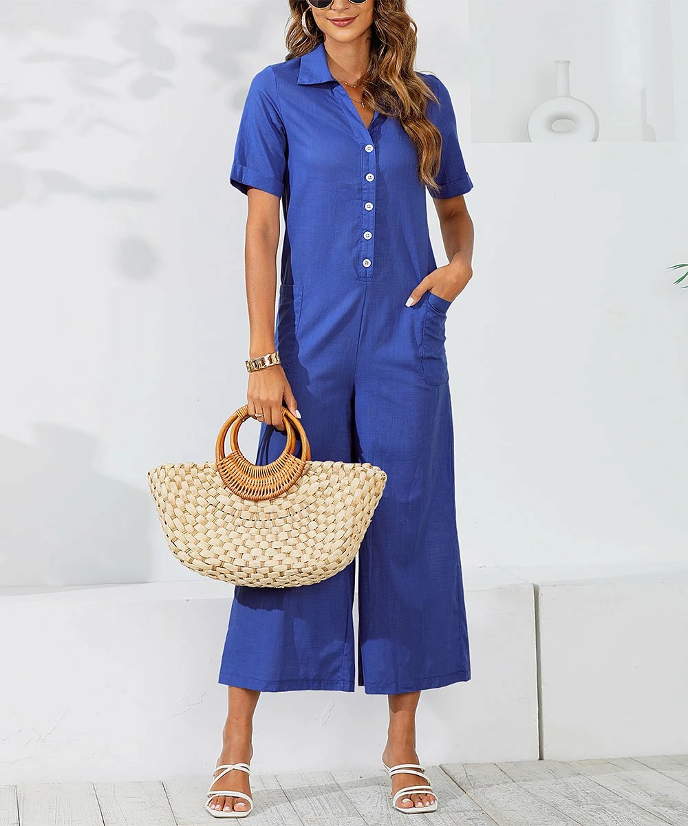 Cheap ๐ CELLABIE Blue Button-Front Wide-Leg Crop Jumpsuit - ๐ฉ Women ๐ 6 Cheap ๐ CELLABIE Blue Button-Front Wide-Leg Crop Jumpsuit - ๐ฉ Women ๐ - Image 4