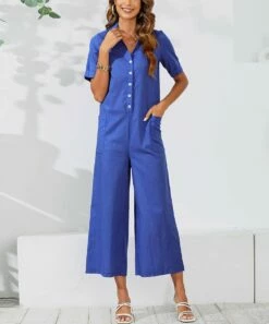 Cheap 😉 CELLABIE Blue Button-Front Wide-Leg Crop Jumpsuit - 👩 Women 😀
