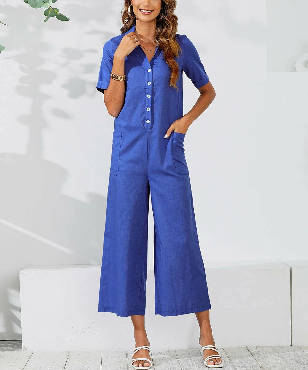 Cheap ๐ CELLABIE Blue Button-Front Wide-Leg Crop Jumpsuit - ๐ฉ Women ๐ 3 Cheap ๐ CELLABIE Blue Button-Front Wide-Leg Crop Jumpsuit - ๐ฉ Women ๐