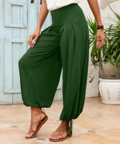 Coupon 😍 CELLABIE Green High-Waist Drawstring-Hem Harem Pants - 👩 Women 🧨