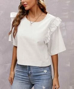 Deals ❤️ CELLABIE White Ruffle-Trim Scoop Neck Top - 👩 Women For Other 🎁