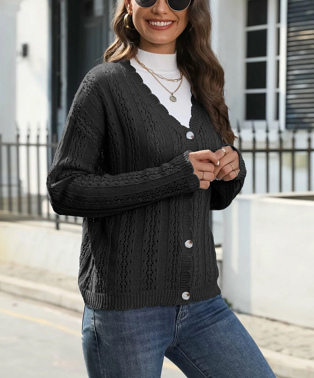 Promo ⌛ CELLABIE Black Lace Scallop-Trim Button-Up Cardigan - 👩 Women ✨ 4 Promo ⌛ CELLABIE Black Lace Scallop-Trim Button-Up Cardigan - 👩 Women ✨ - Image 2