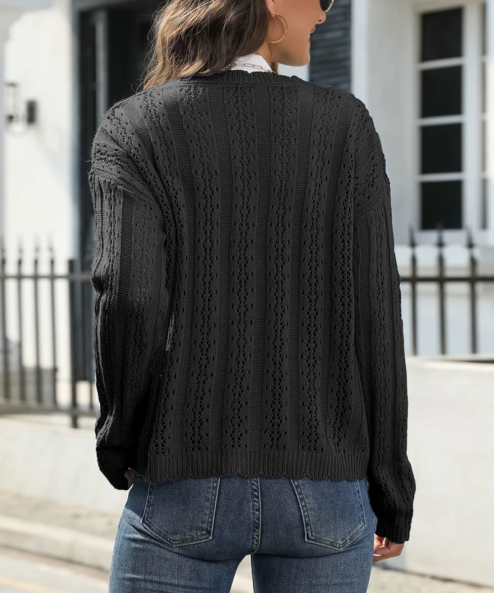 Promo ⌛ CELLABIE Black Lace Scallop-Trim Button-Up Cardigan - 👩 Women ✨ 5 Promo ⌛ CELLABIE Black Lace Scallop-Trim Button-Up Cardigan - 👩 Women ✨ - Image 3