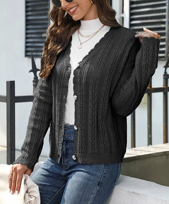 Promo ⌛ CELLABIE Black Lace Scallop-Trim Button-Up Cardigan - 👩 Women ✨ 3 Promo ⌛ CELLABIE Black Lace Scallop-Trim Button-Up Cardigan - 👩 Women ✨
