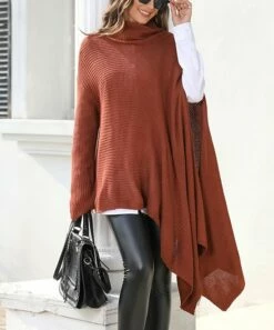 Cheapest 🔔 CELLABIE Caramel Turtleneck Asymmetrical Poncho - 👩 Women 😍 -CELLABIE shop zu110344519 alt 3 tm1669072097