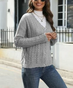 Budget ✨ CELLABIE Gray Openwork V-Neck Cardigan - 👩 Women 👍
