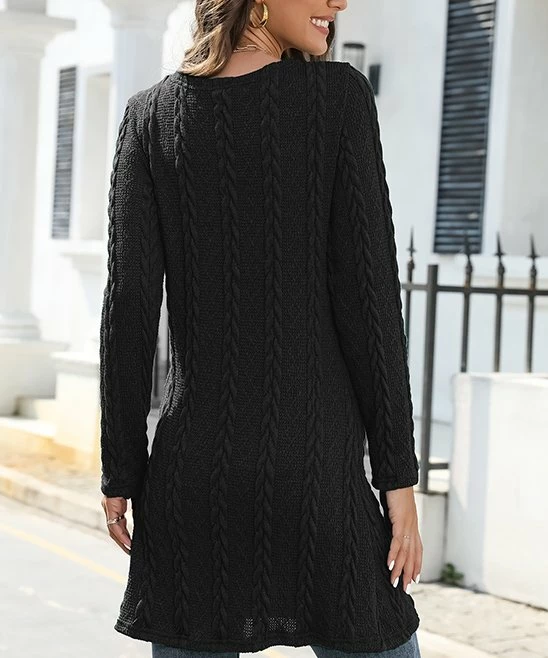 Budget 🤩 CELLABIE Black Cable-Knit Long-Sleeve Tunic 👗 Dress - 👩 Women 🎁 4 Budget 🤩 CELLABIE Black Cable-Knit Long-Sleeve Tunic 👗 Dress - 👩 Women 🎁 - Image 2