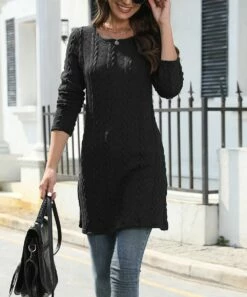 Budget 🤩 CELLABIE Black Cable-Knit Long-Sleeve Tunic 👗 Dress - 👩 Women 🎁