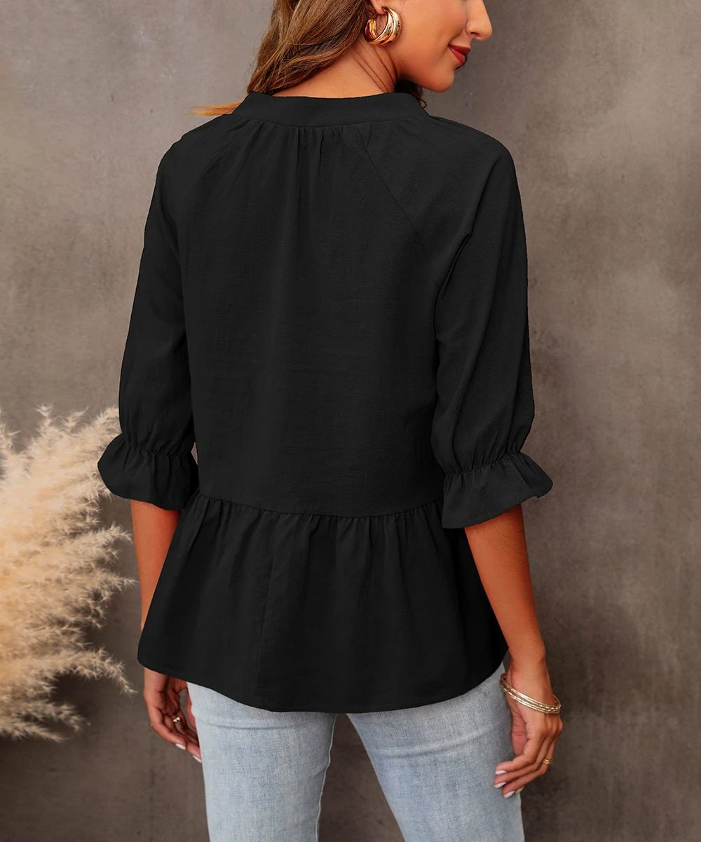 Hot Sale 🔔 CELLABIE Black Empire-Waist Notch Neck Top - 👩 Women 🌟 4 Hot Sale 🔔 CELLABIE Black Empire-Waist Notch Neck Top - 👩 Women 🌟 - Image 2