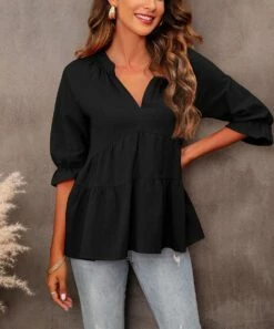 Hot Sale 🔔 CELLABIE Black Empire-Waist Notch Neck Top - 👩 Women 🌟 10 Hot Sale 🔔 CELLABIE Black Empire-Waist Notch Neck Top - 👩 Women 🌟 -CELLABIE shop zu110419505 alt 3 tm1669164343