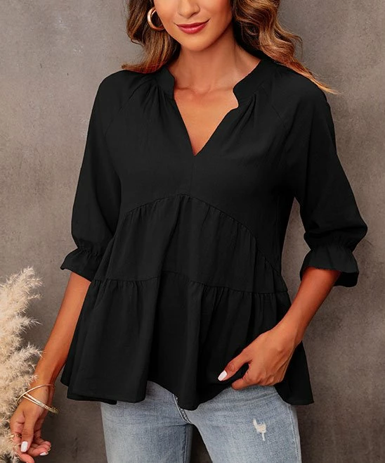 Hot Sale 🔔 CELLABIE Black Empire-Waist Notch Neck Top - 👩 Women 🌟 3 Hot Sale 🔔 CELLABIE Black Empire-Waist Notch Neck Top - 👩 Women 🌟