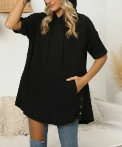 Wholesale ✨ CELLABIE Black Button-Accent Linen-Blend Hooded Tunic - 👩 Women 😉 9 Wholesale ✨ CELLABIE Black Button-Accent Linen-Blend Hooded Tunic - 👩 Women 😉 -CELLABIE shop zu83539522 alt 2 tm1661532153