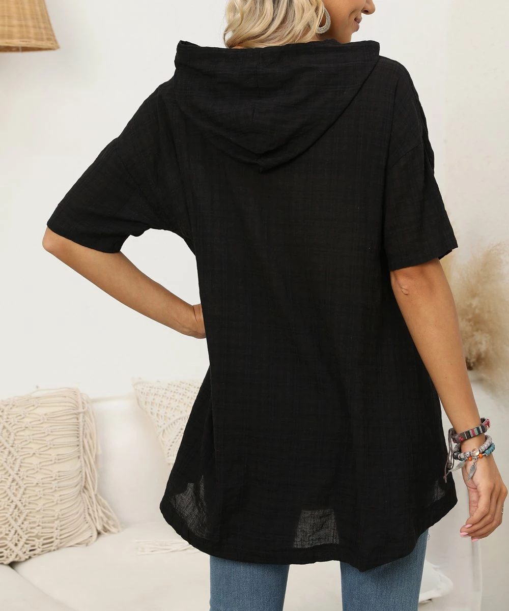 Wholesale ✨ CELLABIE Black Button-Accent Linen-Blend Hooded Tunic - 👩 Women 😉 7 Wholesale ✨ CELLABIE Black Button-Accent Linen-Blend Hooded Tunic - 👩 Women 😉 - Image 5