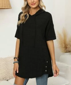 Wholesale ✨ CELLABIE Black Button-Accent Linen-Blend Hooded Tunic - 👩 Women 😉