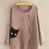 Promo 😉 CELLABIE Pink Peeking Cat Button Accent Linen-Blend Scoop Neck Top - 👩 Women 🎁