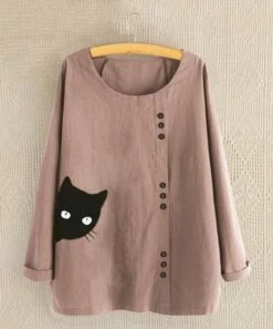 Promo 😉 CELLABIE Pink Peeking Cat Button Accent Linen-Blend Scoop Neck Top - 👩 Women 🎁