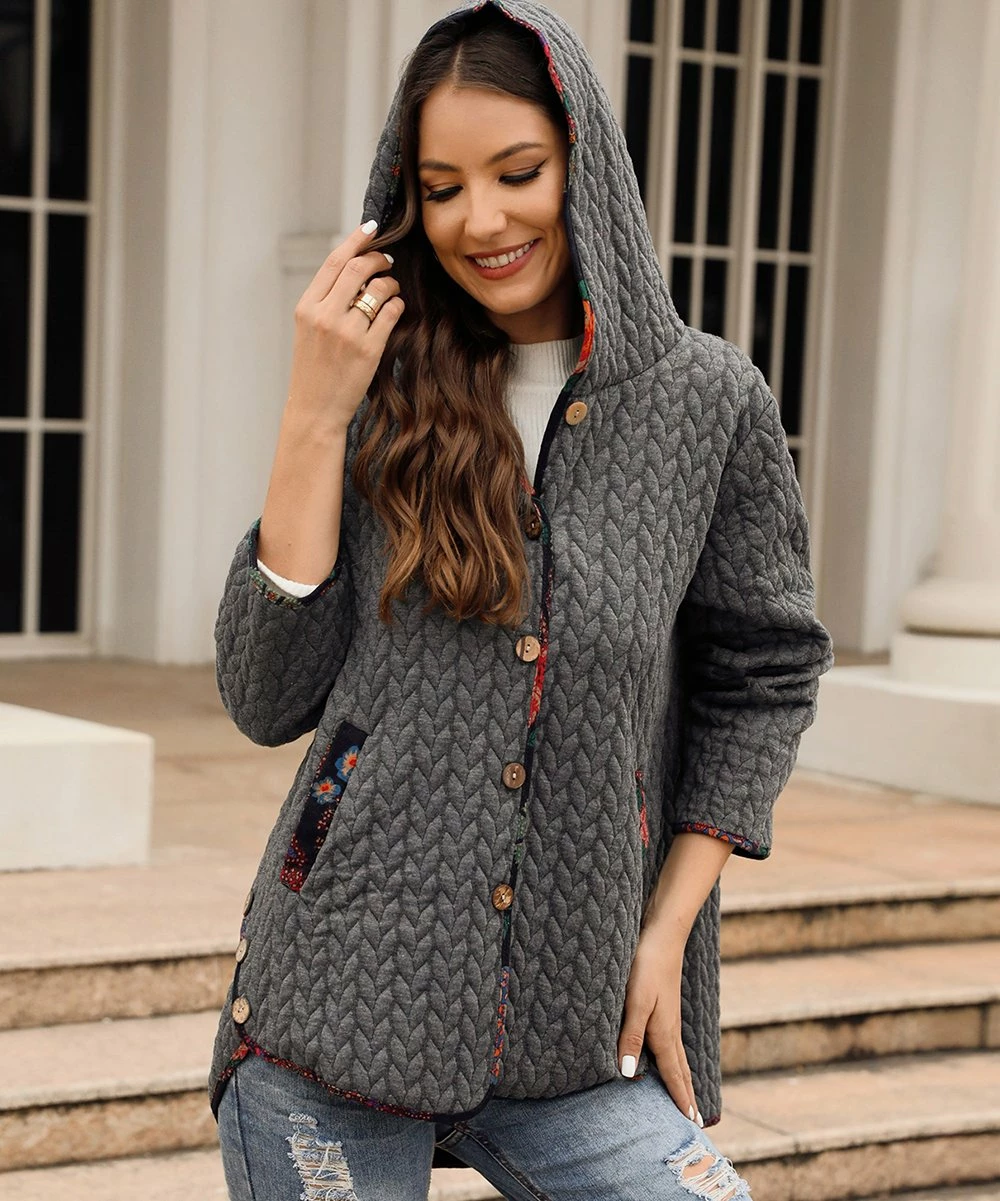 Cheapest ๐งจ CELLABIE Gray Floral Contrast-Trim Cable-Knit Hooded Button-Up ๐งฅ Coat - ๐ฉ Women ๐งจ 4 Cheapest ๐งจ CELLABIE Gray Floral Contrast-Trim Cable-Knit Hooded Button-Up ๐งฅ Coat - ๐ฉ Women ๐งจ - Image 2