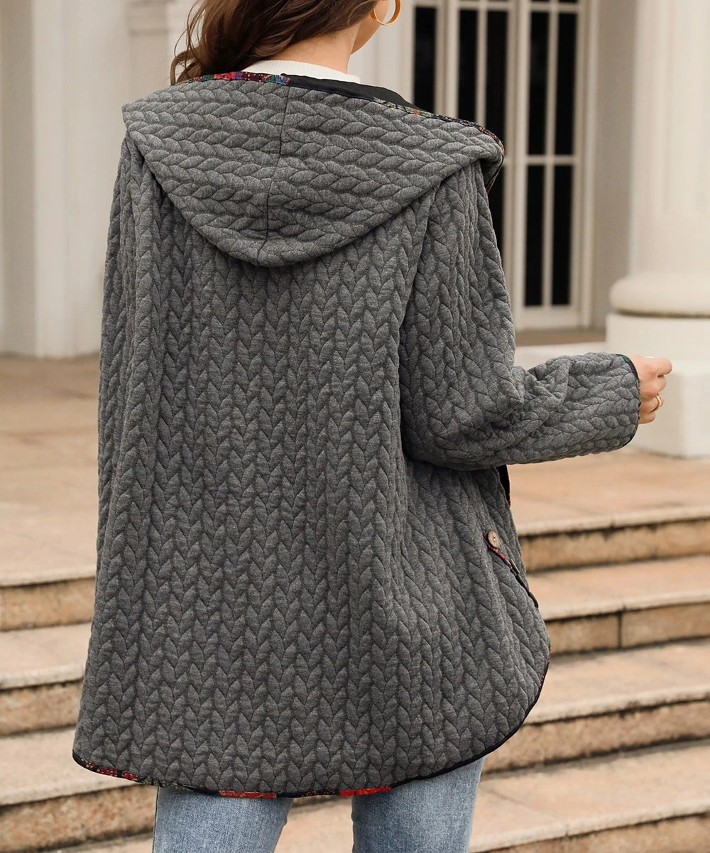 Cheapest ๐งจ CELLABIE Gray Floral Contrast-Trim Cable-Knit Hooded Button-Up ๐งฅ Coat - ๐ฉ Women ๐งจ 5 Cheapest ๐งจ CELLABIE Gray Floral Contrast-Trim Cable-Knit Hooded Button-Up ๐งฅ Coat - ๐ฉ Women ๐งจ - Image 3