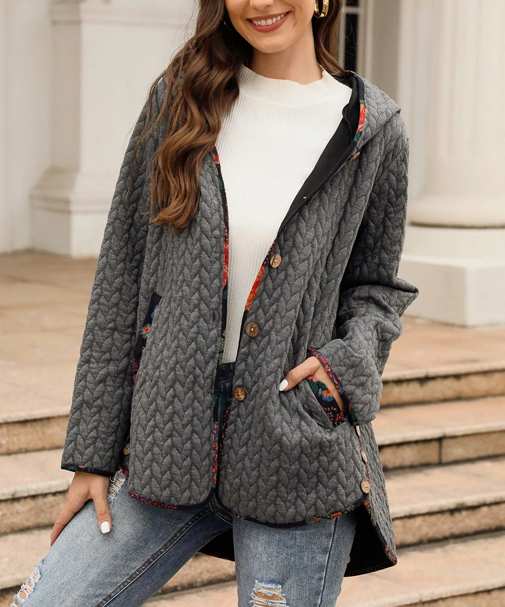 Cheapest ๐งจ CELLABIE Gray Floral Contrast-Trim Cable-Knit Hooded Button-Up ๐งฅ Coat - ๐ฉ Women ๐งจ 6 Cheapest ๐งจ CELLABIE Gray Floral Contrast-Trim Cable-Knit Hooded Button-Up ๐งฅ Coat - ๐ฉ Women ๐งจ - Image 4