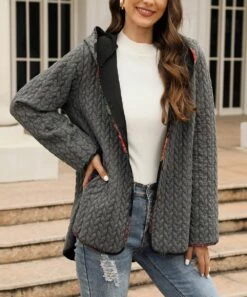 Cheapest 🧨 CELLABIE Gray Floral Contrast-Trim Cable-Knit Hooded Button-Up 🧥 Coat - 👩 Women 🧨