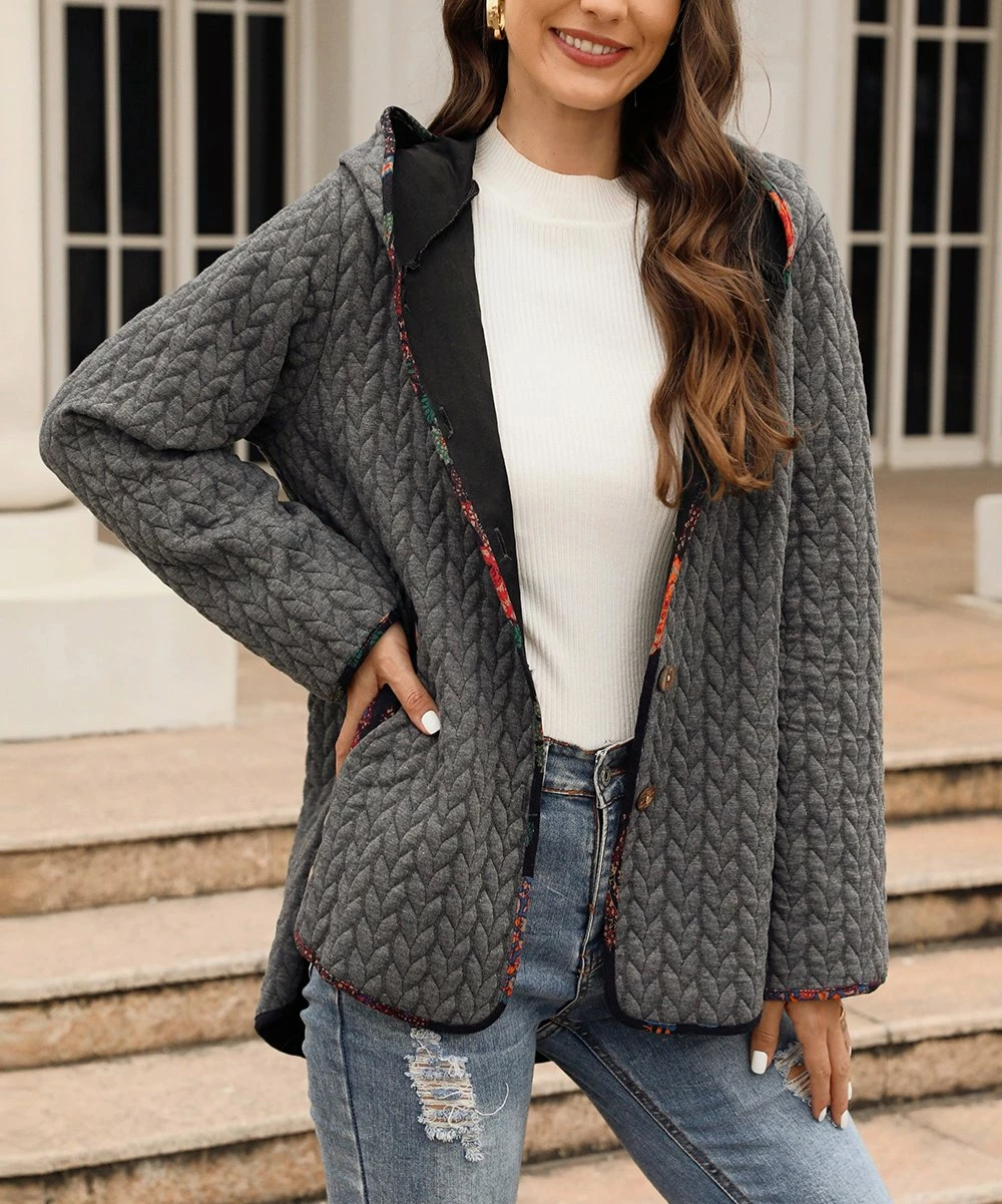Cheapest ๐งจ CELLABIE Gray Floral Contrast-Trim Cable-Knit Hooded Button-Up ๐งฅ Coat - ๐ฉ Women ๐งจ 3 Cheapest ๐งจ CELLABIE Gray Floral Contrast-Trim Cable-Knit Hooded Button-Up ๐งฅ Coat - ๐ฉ Women ๐งจ