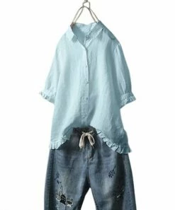 Promo ✔️ CELLABIE Light Blue Ruffle Trim Short-Sleeve Button-Up - 👩 Women 😍