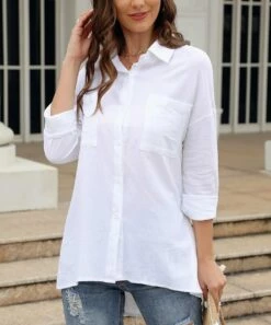 Coupon ⌛ CELLABIE White Pocket Hi-Low Button-Up - 👩 Women 👏