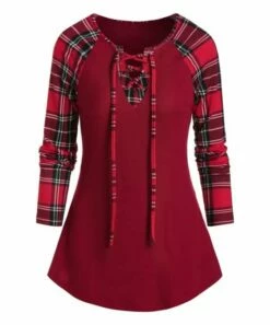 CELLABIE shop 37 Best deal 🛒 CELLABIE Red & White Plaid Lace-Up Raglan Tunic - 👩 Women ⌛