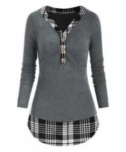 Discount ⌛ CELLABIE Light Gray & Black Plaid Button-Front V-Neck Tunic - 👩 Women ⭐