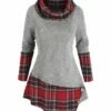 Coupon 🌟 CELLABIE Gray & Red Plaid Button-Accent Cowl Neck Tunic - 👩 Women 🌟 -CELLABIE shop zu91423104 main tm1607456352