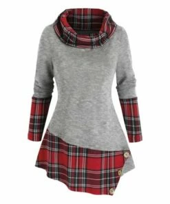 Coupon 🌟 CELLABIE Gray & Red Plaid Button-Accent Cowl Neck Tunic - 👩 Women 🌟