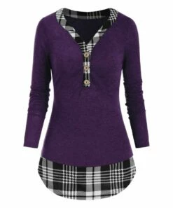Buy 😉 CELLABIE Purple & Black Plaid Button-Front V-Neck Tunic - 👩 Women 🧨