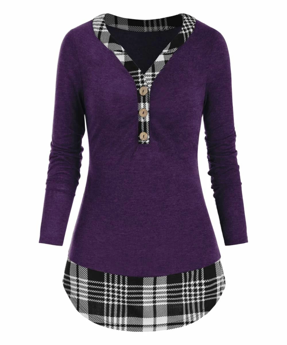 Buy ๐ CELLABIE Purple & Black Plaid Button-Front V-Neck Tunic - ๐ฉ Women ๐งจ 3 Buy ๐ CELLABIE Purple & Black Plaid Button-Front V-Neck Tunic - ๐ฉ Women ๐งจ