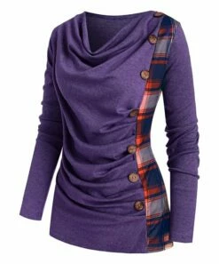 Flash Sale 💯 CELLABIE Purple Plaid Contrast Button-Accent Cowl Neck Tunic - 👩 Women 😀