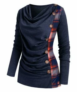 Top 10 ✨ CELLABIE Navy Plaid Contrast Button-Accent Cowl Neck Tunic - 👩 Women 😀