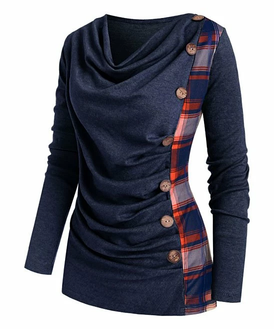 Top 10 ✨ CELLABIE Navy Plaid Contrast Button-Accent Cowl Neck Tunic - 👩 Women 😀 3 Top 10 ✨ CELLABIE Navy Plaid Contrast Button-Accent Cowl Neck Tunic - 👩 Women 😀