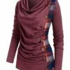 Deals ⌛ CELLABIE Wine Plaid Contrast Button-Accent Cowl Neck Tunic - 👩 Women 🛒 -CELLABIE shop zu91499363 main tm1607611228