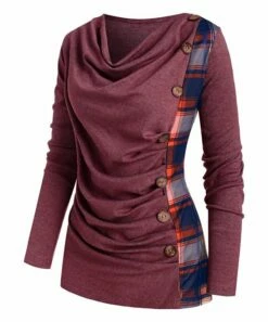 Deals ⌛ CELLABIE Wine Plaid Contrast Button-Accent Cowl Neck Tunic - 👩 Women 🛒