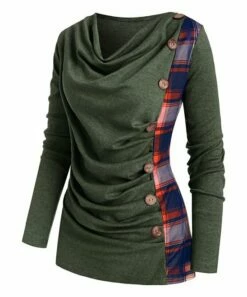Best Pirce 👏 CELLABIE Olive Plaid Contrast Button-Accent Cowl Neck Tunic - 👩 Women 🧨