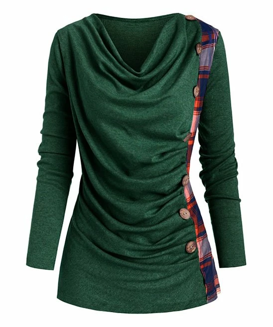 Discount ๐ CELLABIE Green Plaid Contrast Button-Accent Cowl Neck Tunic - ๐ฉ Women ๐ฅ 4 Discount ๐ CELLABIE Green Plaid Contrast Button-Accent Cowl Neck Tunic - ๐ฉ Women ๐ฅ - Image 2