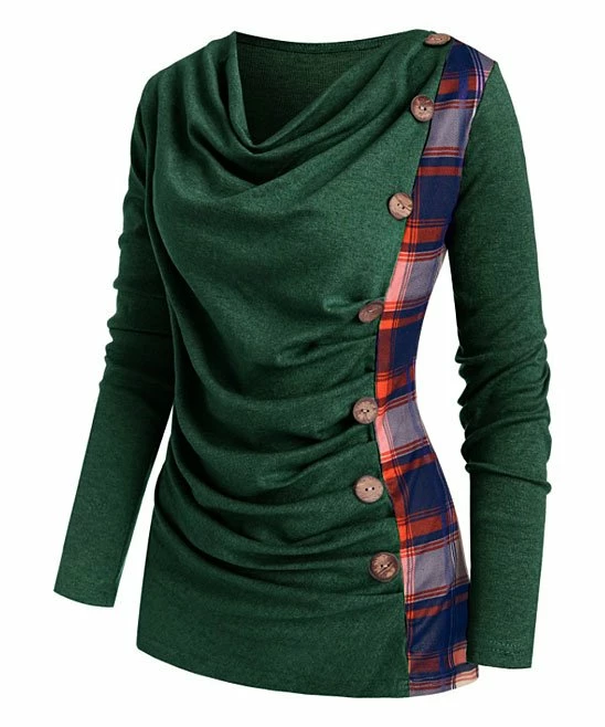 Discount ๐ CELLABIE Green Plaid Contrast Button-Accent Cowl Neck Tunic - ๐ฉ Women ๐ฅ 3 Discount ๐ CELLABIE Green Plaid Contrast Button-Accent Cowl Neck Tunic - ๐ฉ Women ๐ฅ