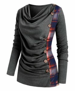Flash Sale 💯 CELLABIE Gray Plaid Contrast Button-Accent Cowl Neck Tunic - 👩 Women 🔔