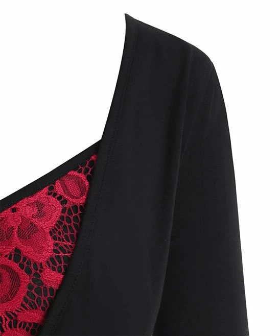 Budget ๐ CELLABIE Black & Red Lace-Detail Buton-Accent Surplice Tunic - ๐ฉ Women โญ 6 Budget ๐ CELLABIE Black & Red Lace-Detail Buton-Accent Surplice Tunic - ๐ฉ Women โญ - Image 4