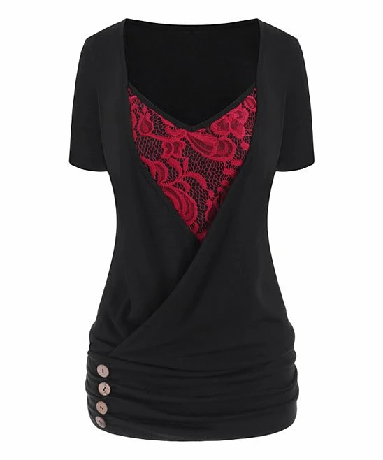 Budget ๐ CELLABIE Black & Red Lace-Detail Buton-Accent Surplice Tunic - ๐ฉ Women โญ 3 Budget ๐ CELLABIE Black & Red Lace-Detail Buton-Accent Surplice Tunic - ๐ฉ Women โญ