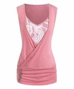 Outlet 👍 CELLABIE Pink & White Lace-Detail Sleeveless Surplice Tunic - 👩 Women 🤩