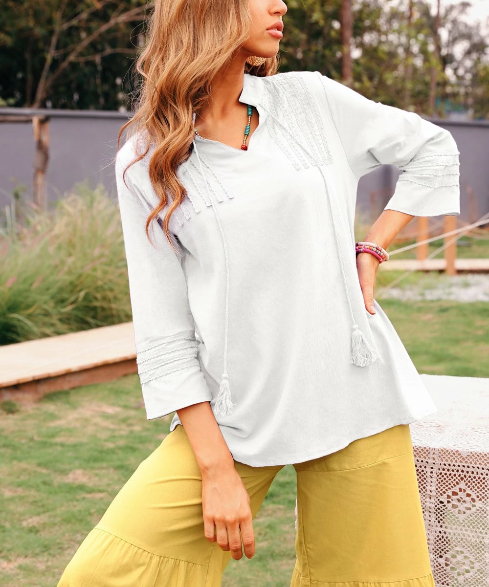 Flash Sale ๐ CELLABIE White Embroidered-Front Tie-Accent Notch Neck Tunic - ๐ฉ Women ๐ 4 Flash Sale ๐ CELLABIE White Embroidered-Front Tie-Accent Notch Neck Tunic - ๐ฉ Women ๐ - Image 2